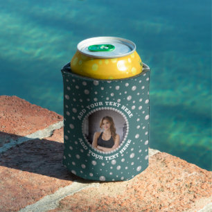 Porta-lata Foto Personalizada com Círculo de Pérolas em Azul 