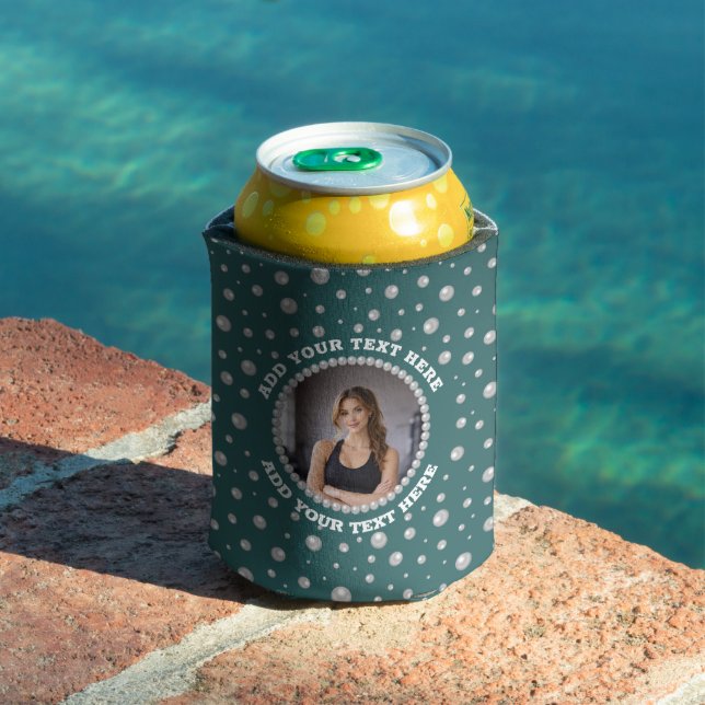 Porta-lata Foto Personalizada com Círculo de Pérolas em Azul  (Piscina in situ)