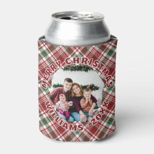 Porta-lata Foto personalizada Natal da Xadrez de Tartan Verde
