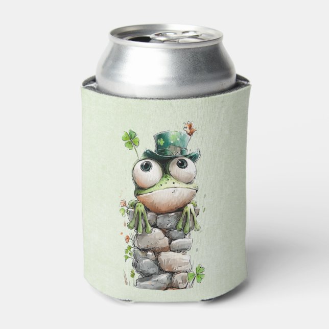 Porta-lata Frog with Green Hat and Shamrock Cute (Can Front)