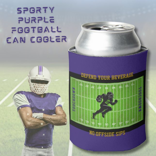 Porta-lata Funny Defend Your Beverage Purple Football  (Time to DEFEND YOUR BEVERAGE with this funny football can cooler 🏈)
