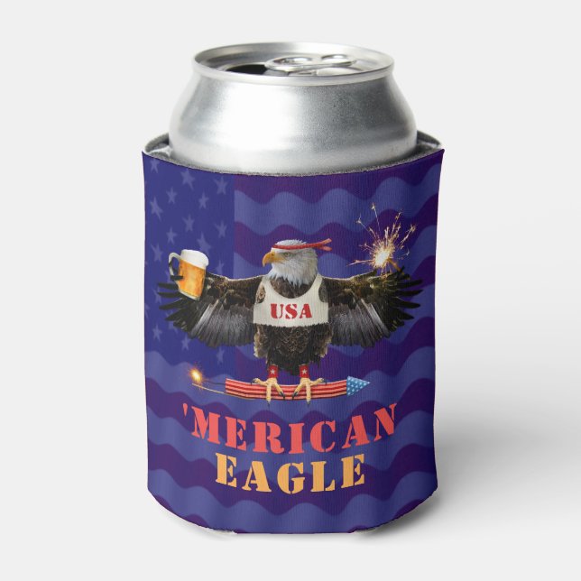 Porta-lata Funny Merican Eagle 4 de julho Beer and Fireworks (Can Front)