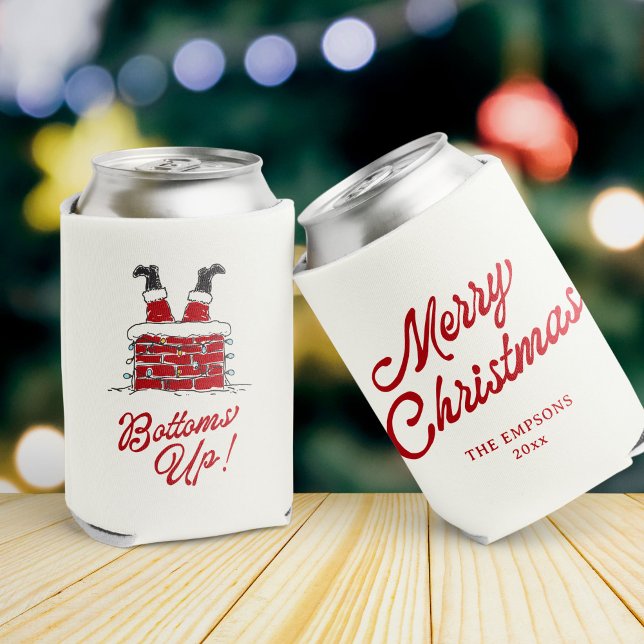 Porta-lata Funny Merry Christmas Santa Bottoms Up Friendmas (Santa’s legs sticking out of a chimney with “Bottoms Up!” on a Christmas can cooler)