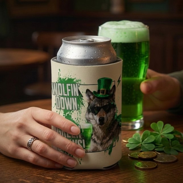 Porta-lata Funny St. Patrick's Day Wolf Can Cooler (Criador carregado)