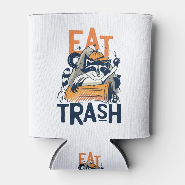 Porta-lata Furry Raccoon com texto de lixo comido (Frente)