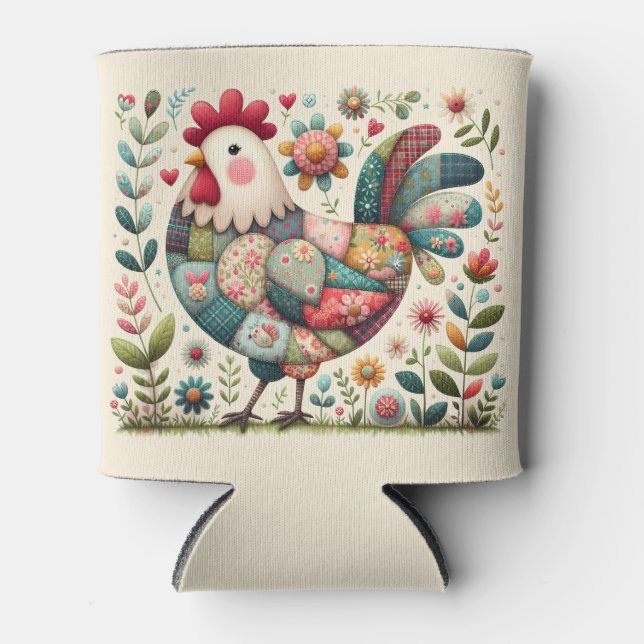 Porta-lata Galo de Patchwork Folclórico com Acentos Florais (Frente)