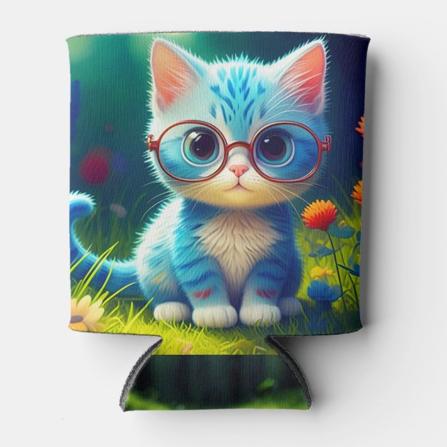 Porta-lata Gatinho Azul Fofo Usando Óculos-47067 (Frente)