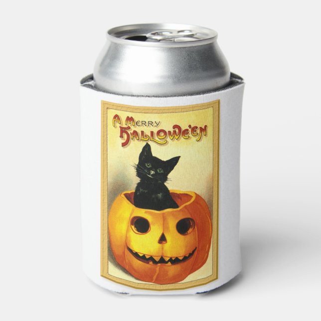 Porta-lata Gatinho de Halloween sentado em Jack O Lanterna (Can Front)