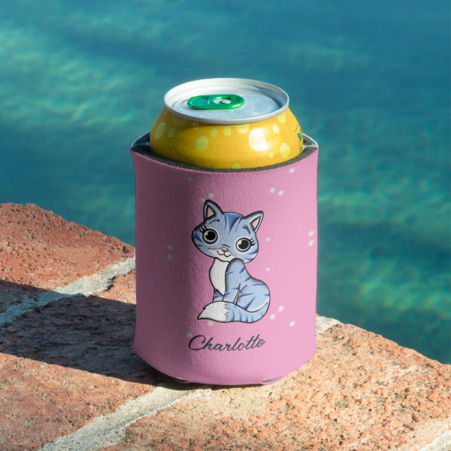 Porta-lata Gato azul bonito com nome personalizado rosa (Piscina in situ)