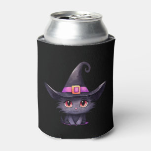Porta-lata Gato preto bonito Vestindo chapéu de bruxa