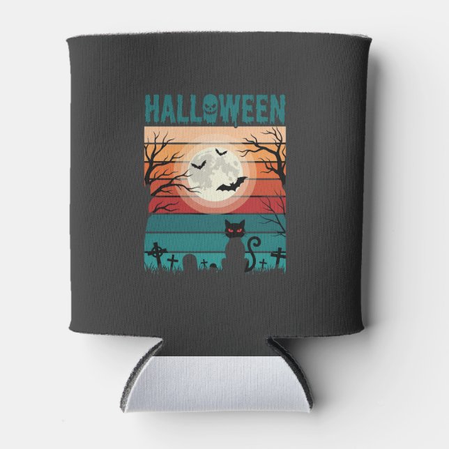 Porta-lata Gato Preto De Halloween Lua Cemitério Retro Vetor  (Frente)