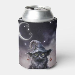 Porta-lata Gato Preto de Halloween Vestindo um Chapéu de Brux