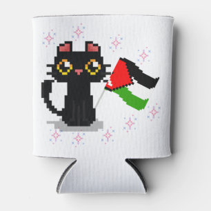 Porta-lata gato preto fofo segura bandeira da Palestina