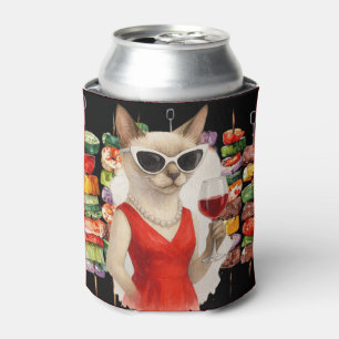 Porta-lata Gato Siamês Bebendo Vinho na Festa de Churrasco