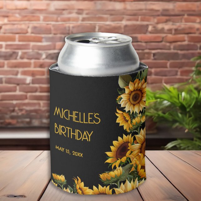 Porta-lata Girassóis Black Rustic Elegname Aniversário (Yellow sunflowers on black custom birthday party can cooler)
