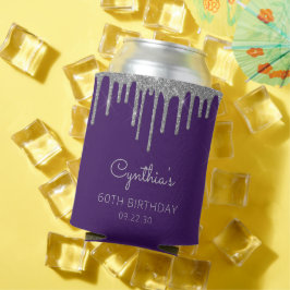 Porta-lata Glam Prata Brilho Gota Roxo Aniversário de 60 anos
