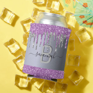 Porta-lata Glitter prateado púrpura pinga monograma do parti