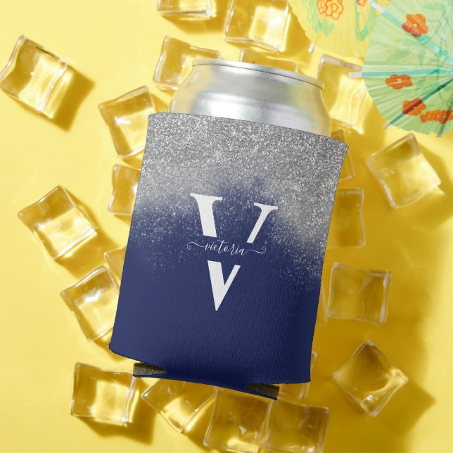 Porta-lata Glitter Silver Monograma Blue Personalizado (Verão in situ)