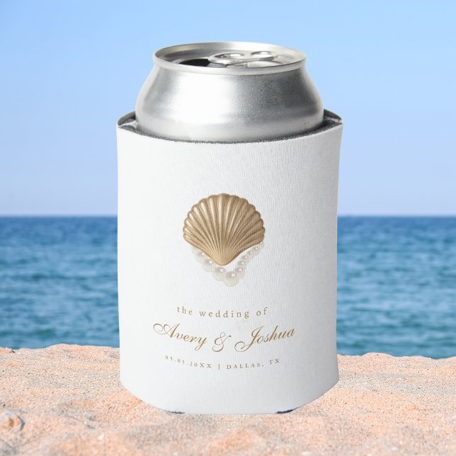 Porta-lata Gold Seashell Custom Coastal Wedding Favor (Criador carregado)