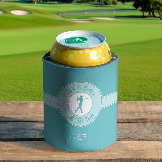 Porta-lata Golf Funny Saying Life Tee Time Monogram Teal (Funny golf can cooler with initials—because tee time deserves a chill moment.)