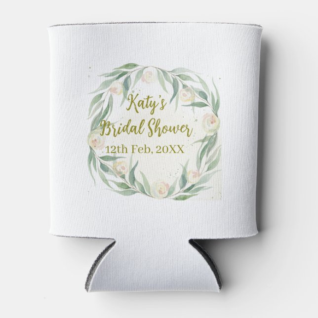 Porta-lata Green eucalyptus floral bridal shower name date go (Frente)