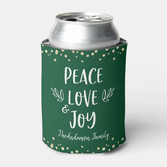 Porta-lata Green Peace Love Joy Modern Typografia Dourada Pon (Can Front)