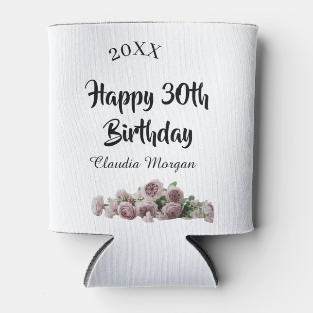 Porta-lata Happy 30th birthday pink white mauve floral name y (Frente)
