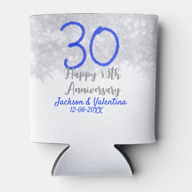 Porta-lata Happy 30th wedding anniversary silver blue glitter (Frente)
