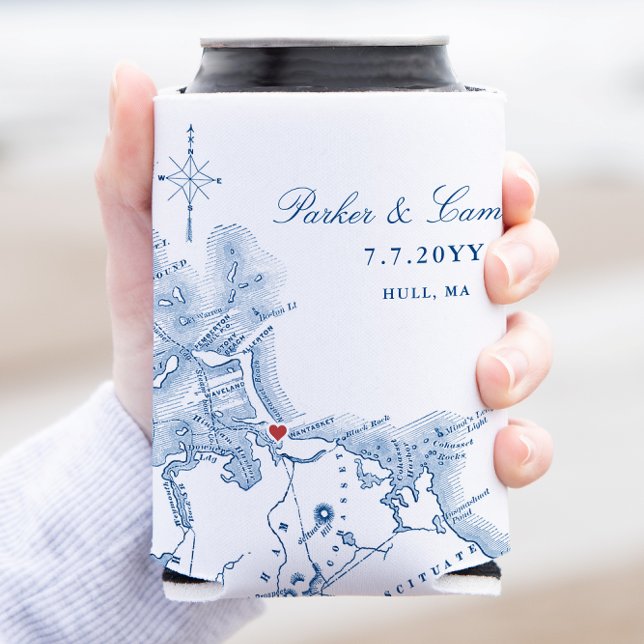 Porta-lata Hull Massachusetts Wedding Favor Drink (Nantasket Beach Resort Coozie Wedding Favor Hull MA custom can cooler from Coastal Map Designs)