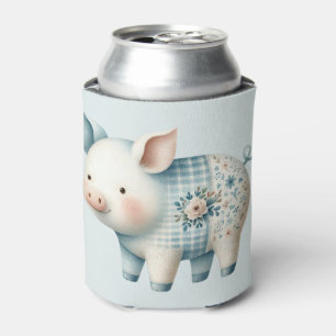 Porta-lata Ilustração Cottagecore de Porco em Patchwork Azul