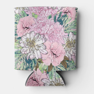 Porta-lata Ilustração Floral Branco e Rosa Brilhante