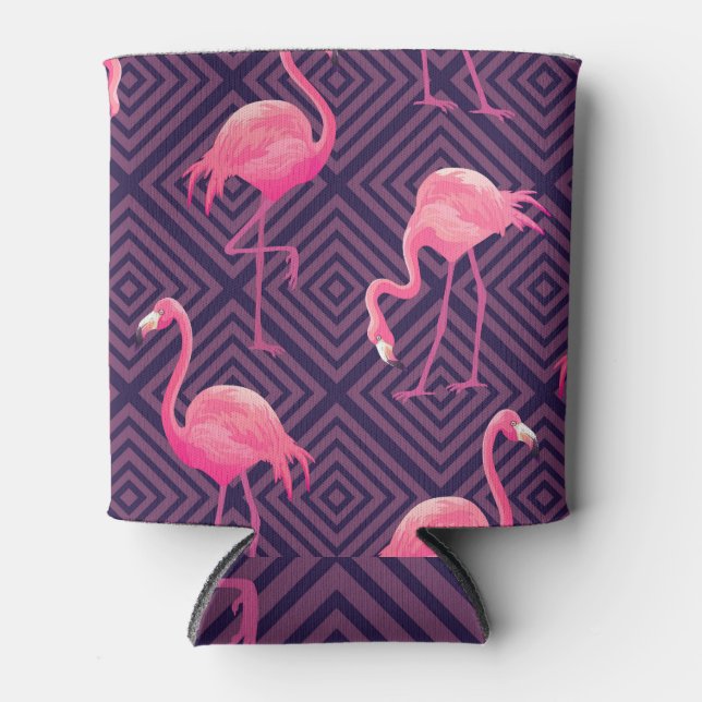 Porta-lata Inflamingos, fundo geométrico roxo. (Frente)