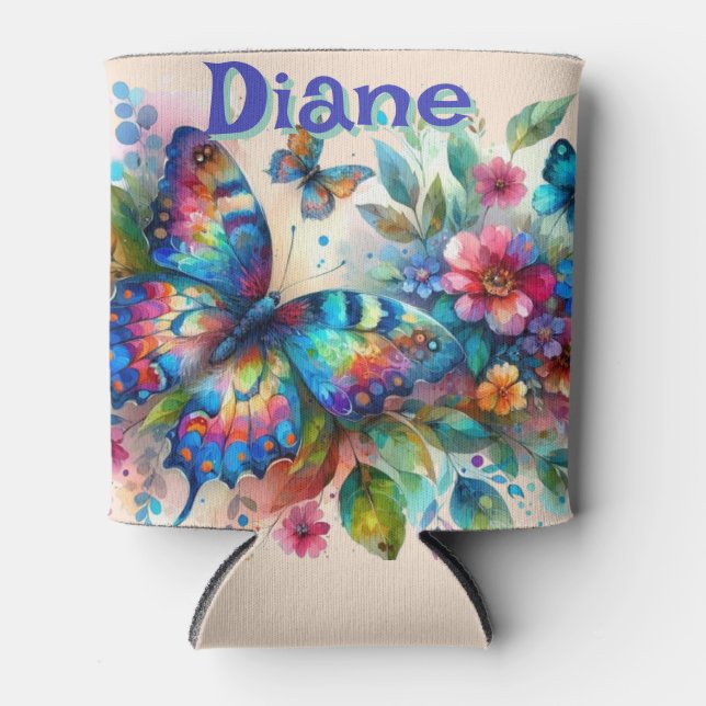 Porta-lata Jardim Floral de Borboleta de Aquarela Personaliza (Frente)