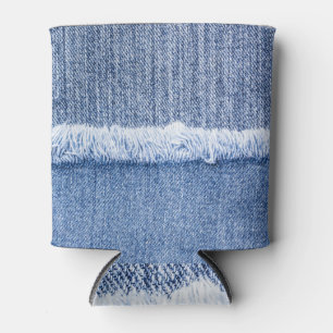 Porta-lata Jeans Azuis: Fechamento Detalhado do Tecido.