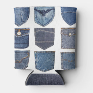 Porta-lata Jeans, fundo branco isolado.