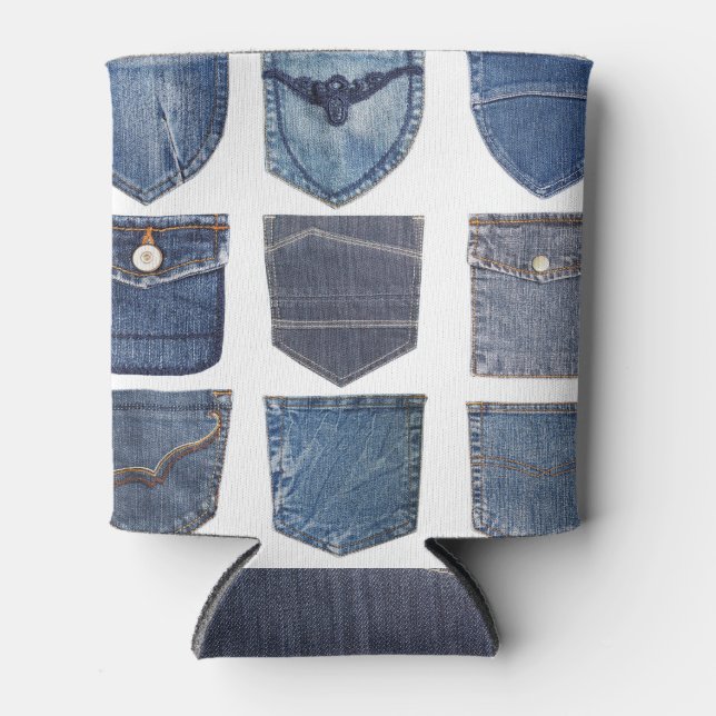 Porta-lata Jeans, fundo branco isolado. (Frente)