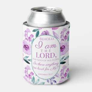 Porta-lata Jeremiah 32:27 com fundo de flores roxas