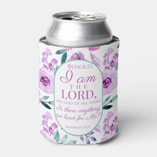 Porta-lata Jeremiah 32:27 com fundo de flores roxas (Can Front)