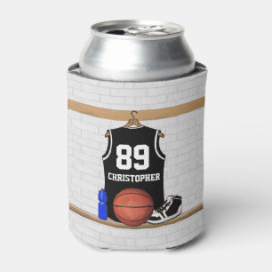 Porta-lata Jérsei preto e branco personalizado do basquetebo