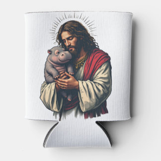 Porta-lata Jesus segurando um bebê Moo Deng Hippo