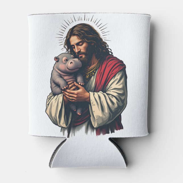 Porta-lata Jesus segurando um bebê Moo Deng Hippo (Frente)