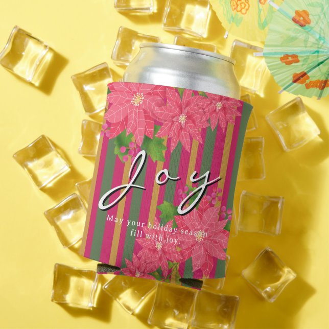 Porta-lata Joy Christmas Poinsettia Stripe Business Logo Gift (Verão in situ)