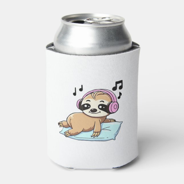 Porta-lata Kawaii Chibi Sloth Ouvindo Música � Relaxe (Can Front)