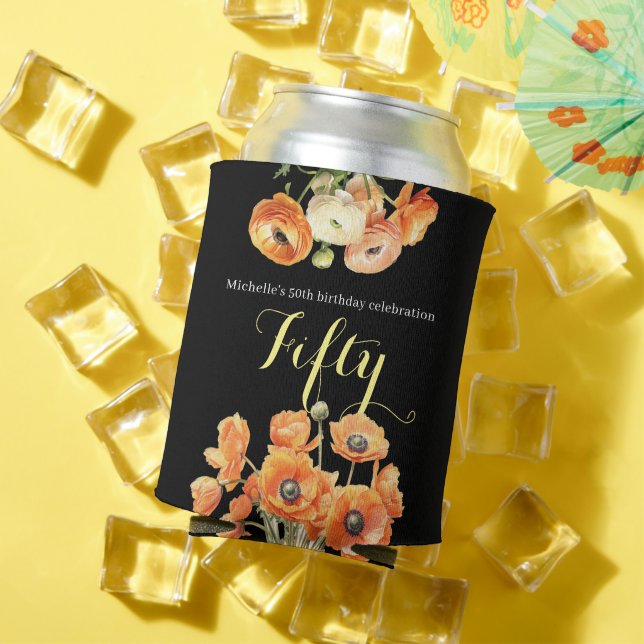 Porta-lata Laranja Preto Elegante Floral 50ª Festa de anivers (Verão in situ)