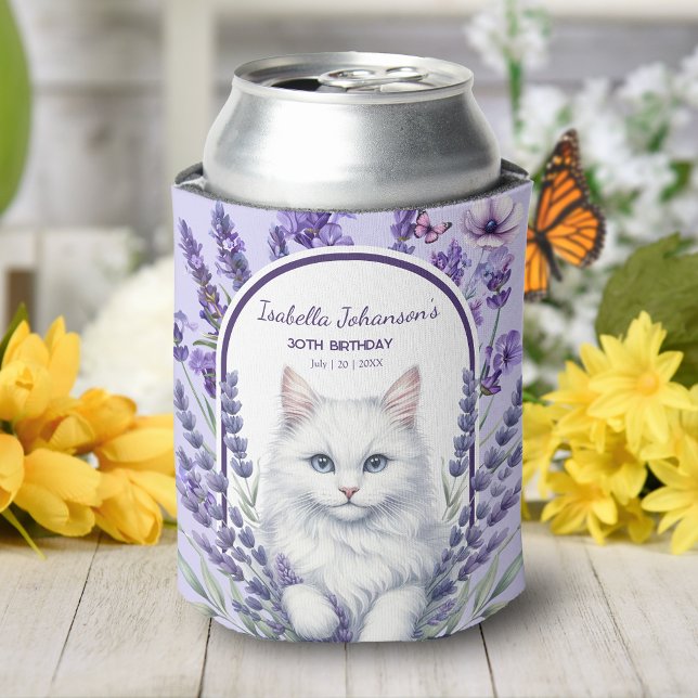 Porta-lata Lavanda Elegante e Aniversário de Gato (Criador carregado)
