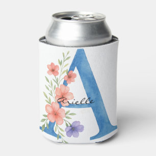 Porta-lata Letra floral A personalizada com aquarela monogram