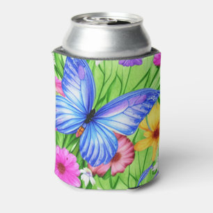 Porta-lata Linda Borboleta Azul com flores Aquarela