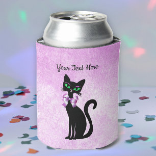 Porta-lata Lindo Gato Preto Sentado Olhos Verdes Laço em Rosa
