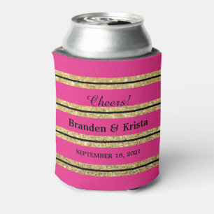 Porta-lata Listras de Brilho Rosa Choque, Preto e Dourado   C