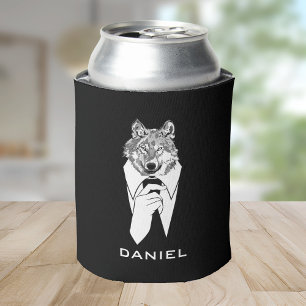 Porta-lata Lobo engraçado do hipster com o smoking preto
